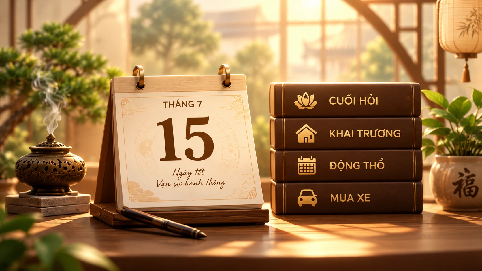 Lịch bàn ghi ngày tốt tháng 7 'Vạn sự hanh thông' bên cạnh chồng sách Cưới Hỏi, Khai Trương, Động Thổ, Mua Xe